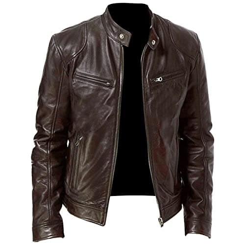 Image of Men's Faux Leather Biker Jacket Vintage Motorcycle Jacket Outerwear Retro Stand Collar PU Leather Slim Fit Coat, Brown, M