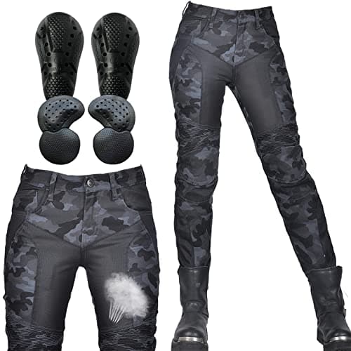 Image of SHUOJIA Riding Trousers for Women - Stylish and Durable Motorcycle Jeans Camouflage Denim Pants with Breathable Mesh and Removable Hip & Knee Protectors(Blue,M)