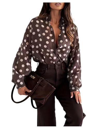 Image of GORGLITTER Women's Polka Dots Dressy Casual Blouses Button Front Long Sleeve Collared Tunic Tops Work Office Shirts Brown Large