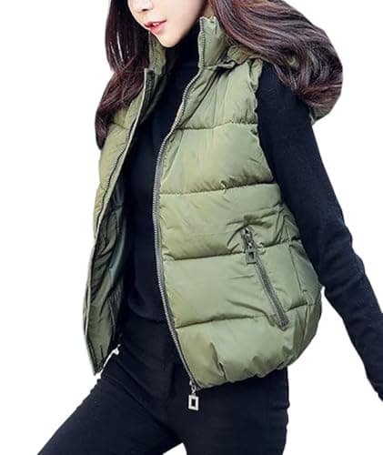 Image of WIEAYUMEI Womens Gilet with Detachable Hood Sleeveless Puffer Vest Zip Up Warm Jackets Lightweight Hooded Coats Stand Collar with Pockets Green L