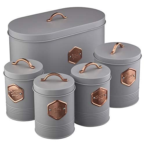 Image of Cooks Professional 5 Piece Tea Coffee Sugar Bread & Biscuit Cannister Set | Labelled Storage Tins | Containers with Airtight Lids | Canisters for Kitchen Accessories & Essentials | Grey/Copper