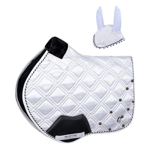 Image of Gallop Shop Horse Saddle Pad, Close Contact Opulence Cut Jewel Design with Matching Fly Veil (White, Full)