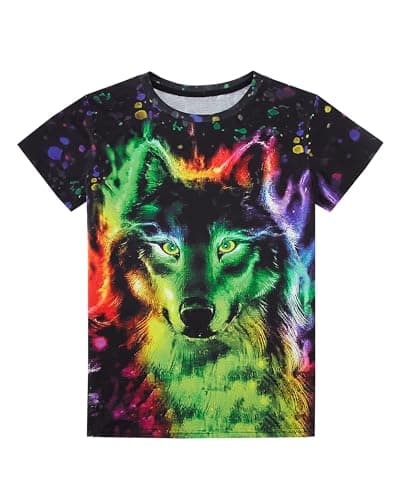 Image of Boys Summer Clothes Kids T-Shirt Short Sleeve 3D Graphic Printed Top Tees Youth Casual Tee Shirts (Wolf, 6-7T) Green