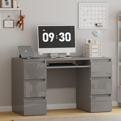 Image of BSTSEL High Gloss Dressing Study Table 120x50x70 cm (L x Dx H) Office Computer Laptop Desk with 6 Drawers Large Storage for Home Office Game Makeup Desk for Bedroom Living Room (Grey)