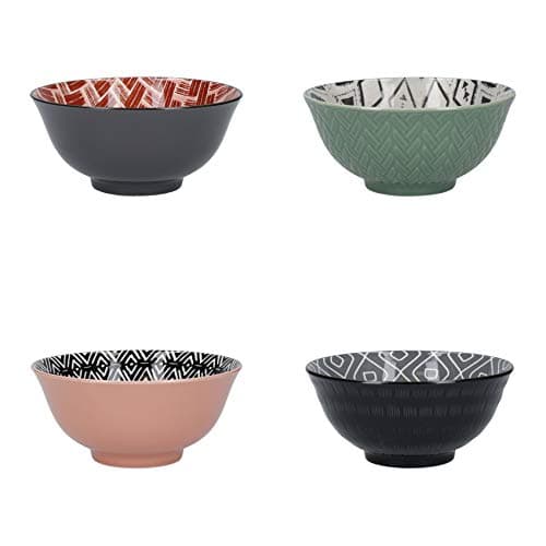 Image of KitchenCraft Patterned Cereal Bowl Set in Gift Box, 4 Ceramic Bowls Ideal for Ice Cream, Soup and More, 'Designed for Life' Designs, 15cm