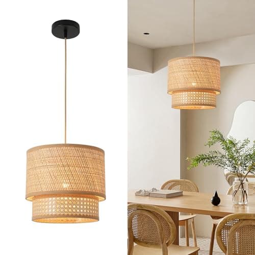 Image of FORCOSO Rattan Pendant Light - Vintage Boho Hanging Lights Ø29cm Rattan Lampshade E27 Wicker Ceiling Light Pendant for Dining Room Living Room Bedroom Hallway Kitchen Island - Brown
