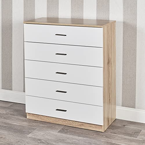 Image of URBNLIVING 4 Or 5 Drawer Wooden Bedroom Chest Cabinet (5 Drawers, Oak Carcass + White Drawers)