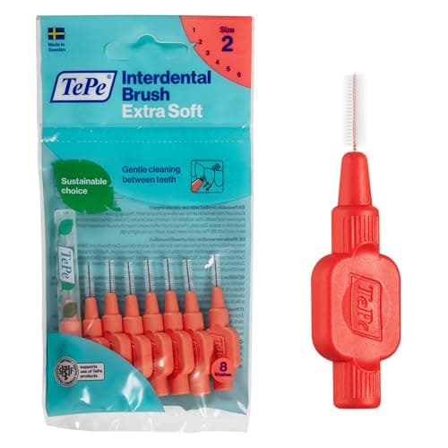 Image of TePe Interdental Brush, Extra Soft, Red, 0.5mm/ISO 2, 8pcs, efficient Cleaning Between Teeth, Plaque Remover and Dental flosser for Narrow Gaps