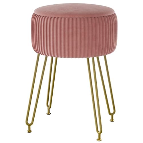 Image of IBUYKE Velvet Storage Footrest Stool Ottoman, Makeup Vanity Stool Side Table with Golden Steel Legs Removable Cover, Coffee Table Top Cover, Pink