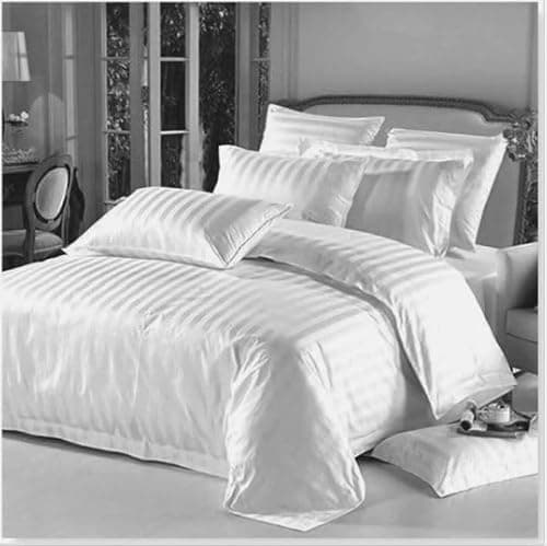 Image of mia Stripe Duvet Cover Zip Closure With Pillow Case 100% P Cotton Duvet Bedding Set (White, Single)