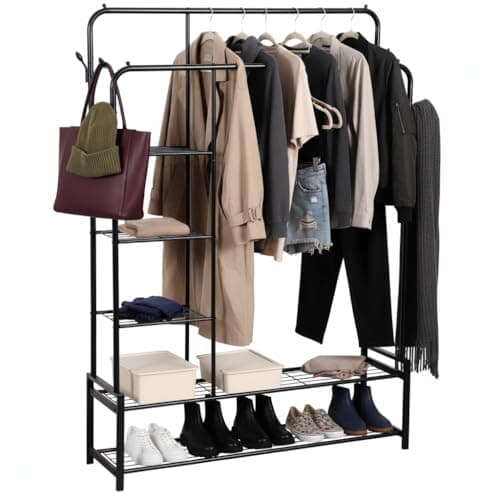 Image of House Of Home Heavy Duty Freestanding Double Black Clothes Rail - 3.5ft Long x 5.5ft Tall, Perfect for Bedroom, Hallways (5 Shelves)
