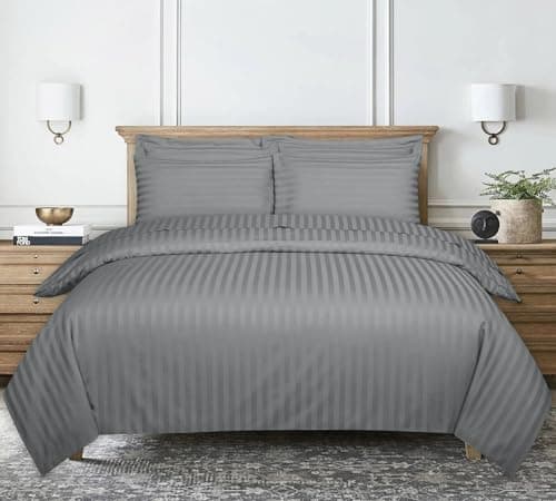 Image of Ev Dekor® Super King Duvet Cover Set Hotel Quality Stripes Satin Bedding Superking Bed Set with 2 Pillowcases, Reversible Soft Microfiber Breathable Bed Covers - Light Grey - Superking