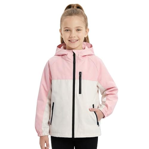 Image of Baogaier Girls Waterproof Jacket Kids Hooded Raincoat with Zip Pockets, Lightweight Jackets with Reflective Stripes Windproof Outdoor Colorblocked Coat Outerwear 7-8 Years, Pink