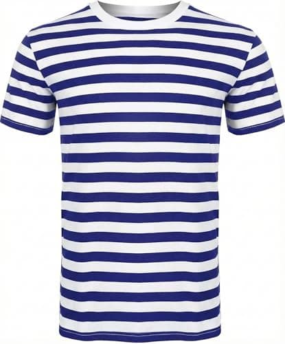 Image of FAIRY TRENDZ® Men Women's Striped Cotton T-Shirt - Unisex Crew Neck Short Sleeve Stripes T-Shirt Casual Summer Top (Navy White, X-Large)