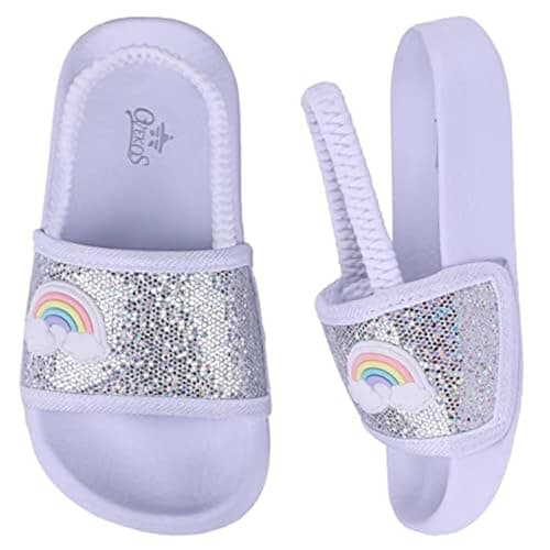 Image of Girls Flip Flops Summer Slippers Kids Glitter Sliders Beach Bathroom Pool Cute Sandals Toddlers Home Shower Shoes Lightweight Non-slip Little Girls Sequins Slides for Indoor Outdoor Size 11 White