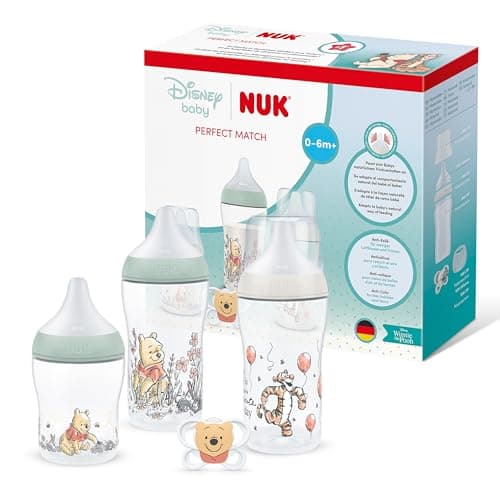 Image of NUK Perfect Match Newborn Baby Bottles & Dummy Set | 0-6 Months | 3 x Anti-Colic Feeding Bottles (150ml, 260ml), 1 x Perfect Match Air Dummy | Disney Winnie the Pooh | 4 Count