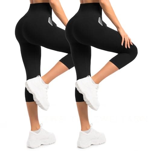 Image of Sanpetix Women's 3/4 Leggings with Pockets, 2-Pack High-Waisted Capri Leggings for Women, Soft Stretchy Trousers for Workouts, The Gym and Yoga Black LXL