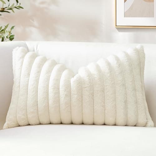 Image of Sungeek Set of 1 Cream White Faux Rabbit Fur Cushion Cover 30x50 cm, Soft Cozy Plush Striped Decorative Throw Pillow Covers 12x20 Inch Velvet Lumbar Pillowcases for Sofa Bedroom