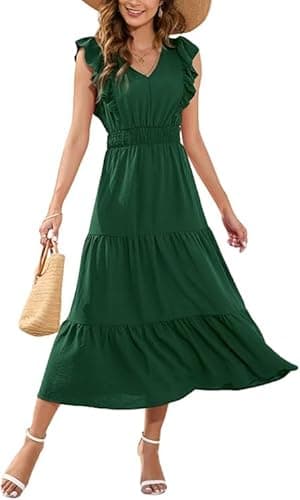Image of MAYFASEY Casual Summer Maxi Dress V Neck Ruffle Sleeve Flowy Long Dresses Elastic Waist Tiered A Line Midi Dress, Green, S