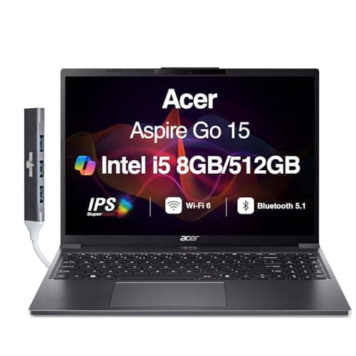 Image of acer Aspire 15-inch Student & Business Laptop, IPS WUXGA (Intel i5-1334U, 8GB DDR5, 512GB PCIe SSD, Intel UHD Graphics, WiFi 6, Webcam, Bluetooth 5.1, Win 11 Pro) w/DKZ USB Port Expander