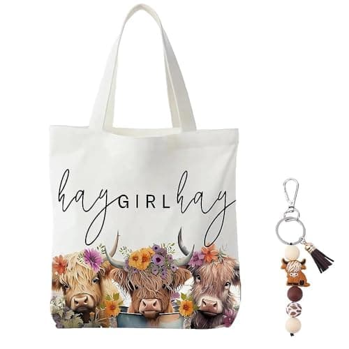 Image of Fakcrkun Highland Cow Gifts for Women, Highland Cow Tote Bag with Keyring, Animal Gift for Birthday, Mother's Day, Christmas
