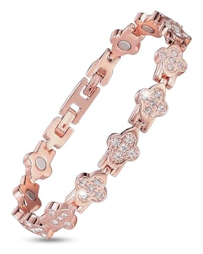 Image of BioMag 99.99% Copper Bracelets for Women, Magnetic Bracelet for Women with Lucky Clover Design, Adjustable Length with Sizing Tool in Gift Box (Rose Gold)