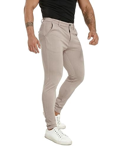 Image of KCANAAPPAREL Mens Chinos Trousers Slim Fit Stretch Flat-Front Tapered Skinny Dress Pink Pants for Golf (32W x 30L)