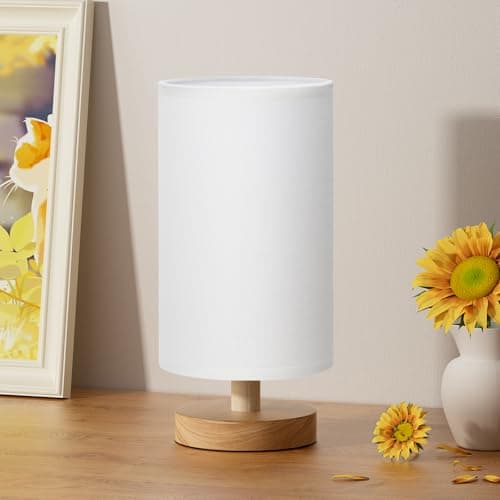 Image of Aooshine Small White Bedside Table Lamp, Minimalist Bed Lamp with Round White Fabric Linen Shade(Bulb Included)