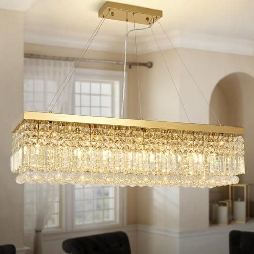 Image of KUNYEEE Modern Crystal Gold Chandelier Pendant Light, Rectangular Crystal Hanging LED Pendant Lighting, 8 x E14 Chandelier Light Fixture for Living Room, Dining Room, Bedroom, 100 x 30 cm