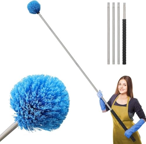 Image of Cobweb Duster, 5 FT Stainless Steel Pole Cobweb Brush with Medium-Stiff Bristles for Walls Beams Shelves Iight Fixtures and Window Screens