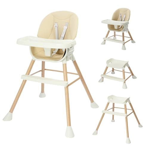 Image of Bonnlo 4-in-1 Convertible Baby High Chair, Adjustable Height Highchair with Removable Double Trays and 5-Point Harness, Multi-Functional Feeding Chair for Toddlers 6-36 Months, Beige (Beige)