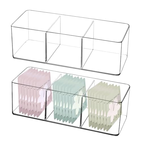 Image of QKNOSM 2 Pack Acrylic Tea Storage Box, Clear Teabag Organizer Bins Plastic Tea Packet Organisers Storage Container for weeteners Coffee Bags (3 Compartment)