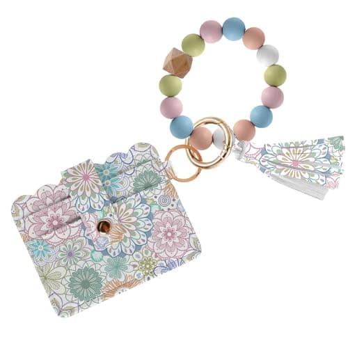 Image of Bohemia Wallet Bead Keychain Wristlet, Horizontal Silicone Bead Bracelet Key Ring Wallet with Wrist Strap and Card Case ID Window, PU Leather Blocking Card for Women, Girls and Friends