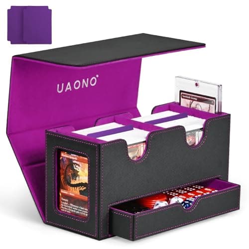 Image of UAONO MTG Deck Box with 2 Commander Display and Dice Tray-Patented Design, Double Deck Box for 250+ Single Sleeved Cards, Leather Magnetic Card Storage Box Fits for TCG CCG Magic Cards (Black&Purple)