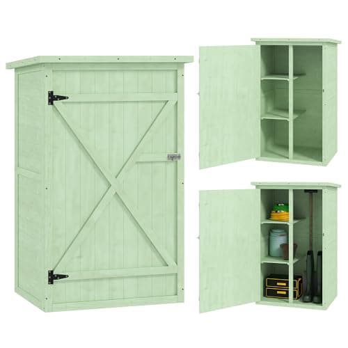 Image of Outsunny Wooden Garden Shed, Outdoor Storage Small Shed with 2 Shelves, Sloped Roof and Bolt Latch, Compact Utility Tool Cabinet Organiser for Yard Patio Garage, 75 x 56 x 115 cm, Green