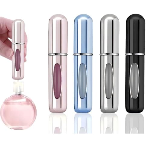 Image of Travel Spray Bottle for Perfume – 5ml Leakproof Metal Atomiser, Bottom-Fill Refillable, 4 Gloss Colours (Black/Silver/Pink/Blue) for Gym, Airplane & Daily Use