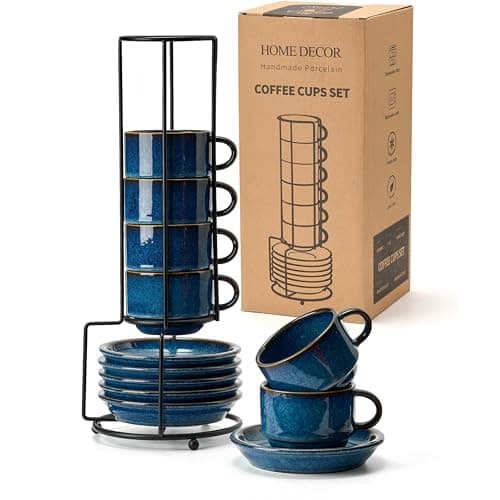 Image of HOME DECOR Espresso Cups Set - Reactive Glaze Process - 6 x 147.8 ml Coffee Cups with Saucer & Stand - Elegant Ceramic Cups for Espresso and Latte - Reactive Glaze Blue