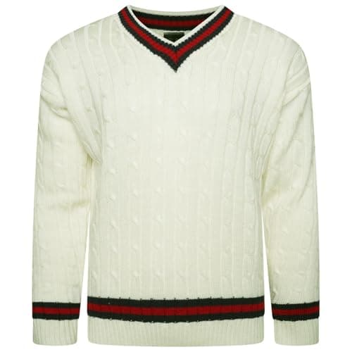 Image of VEARZ® Unisex Mens Womens V Neck Cricket Jumper | Adults Long Sleeve Stripe Cable Knitted Golf Sweater Sportswear Pullover Sweatshirt Jersey Top Cream L