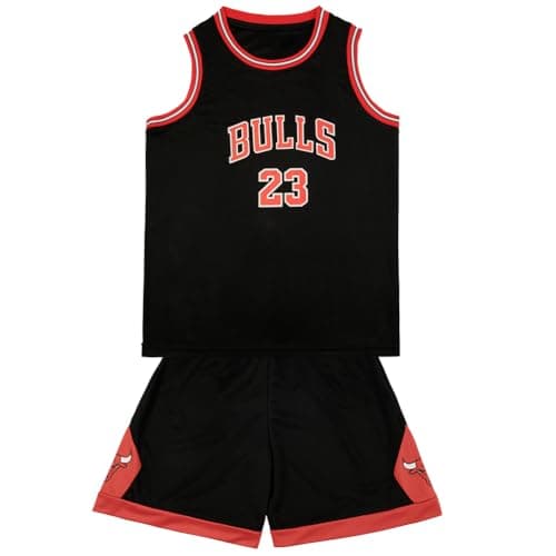Image of BSBUY Kids Basketball Kit 2-Piece Sleeveless Children's Basketball Jersey Boys Girls No.23 Basketball Jersey Vests Basketball Outfit Training Basket Ball Top Shirt and Short Set Child Gifts(Black Red)