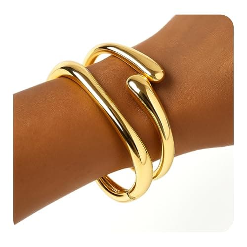 Image of PEALICIOUS 2Pcs Gold Chunky Bangles Bracelets for Women, 7 In Chunky Bracelet Set 14K Gold-Plated Stack Gold Bangle Bracelet, Statement Cuff Wrist Jewelry as Summer Accessories