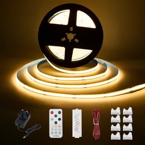Image of Enteenly COB LED Strip Warm White 5 Meters, Under Cabinet Light Strip Kit with RF Remote Control for Display Case, Kitchen, Desk, Shelf, Cupboard, with 24V Adapter, 2700K