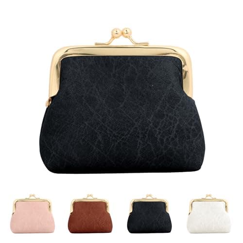 Image of Jiusely Women Small Clip Coin Purse with Clasp Black Kiss Lock Wallet PU Leather, Triple Metal Frame Change Pouch, Small Leather Purses for Women & Girls - Keys & Coin Organizer