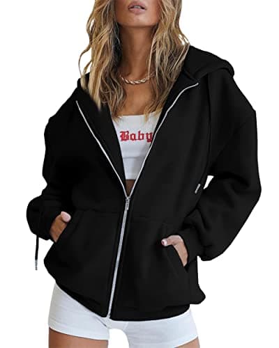 Image of Jhsnjnr Womens Casual Hooded Sweatshirt Jackets with Pockets Oversized Long Sleeve Zip Up Y2K Hoodies Black