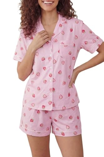 Image of LUBOT 100% Cotton Pyjamas Set for Women Ladies, Short Sleeve Button Down Pjs, Two Piece Pajamas for Female Sleepwear Loungewear, Knitted & High Elasticity, Pink Strawberry, S