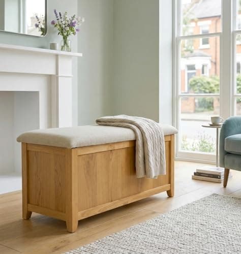 Image of Hallowood Furniture Aston Blanket Box with Cushioned Seat, Large Ottoman Storage Box with Lid, Wooden Toy Storage Trunk Chest for Living Room, Ready Assembled Ottoman Bench for Bedroom or Hallway