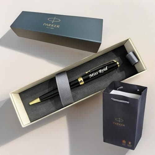 Image of Personalised Engraved Premium Parker Stainless Steel Gold or Silver Trim Ballpoint Pen with Black Ink, Classy Gift Box and gift bag Custom Gift for Christmas, for Men and Women Enter Your Custom Text