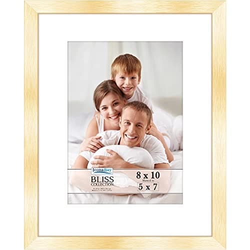 Image of Icona Bay - 8x10 Gold Picture Frame with Removable Mat for 5x7 Photo - Modern Style Engineered Wood Frame - Table Top or Wall Mount - Bliss Collection