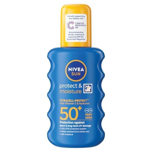 Image of NIVEA SUN Protect & Moisture Sun Spray SPF 50+ (200ml), Moisturising Suncream Spray with Vitamin C and Hyaluron, Immediate UVA/UVB Protection, Fast-Absorbing No White Cast Formula
