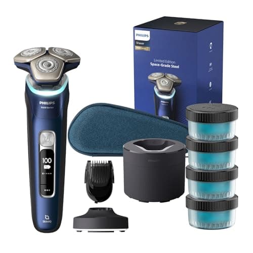 Image of Philips Shaver Series 9000 - Wet and Dry Electric Shaver for Men in Blue with Lift & Cut, SkinIQ Technology, Pop-up Trimmer, Cleaning Pod, Beard Styler, Charging Stand, Travel case (Model S9980/74)