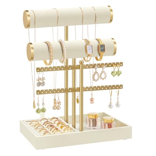 Image of SONGMICS Bracelet Holder Stand, Jewellery Display Stand, Jewellery Organiser, with 2 Tiers and Velvet Tray, Earring Organiser, Removable Ring Holder, Cream White and Pale Gold JJS046W101